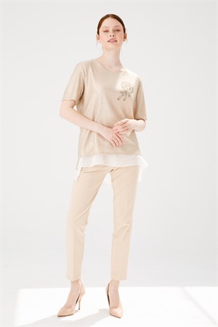 Womens Crew Neck Short Sleeve Chiffon Shiny Fabric Blouse Gold