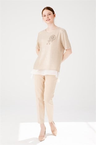 Womens Crew Neck Short Sleeve Chiffon Shiny Fabric Blouse Gold