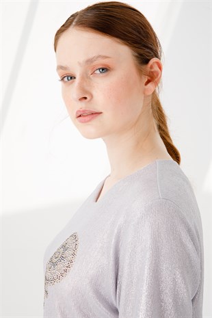 Womens Crew Neck Short Sleeve Chiffon Shiny Fabric Blouse Silver