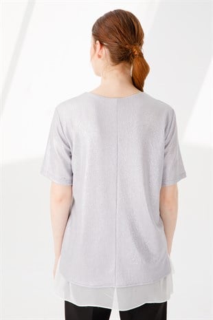 Womens Crew Neck Short Sleeve Chiffon Shiny Fabric Blouse Silver