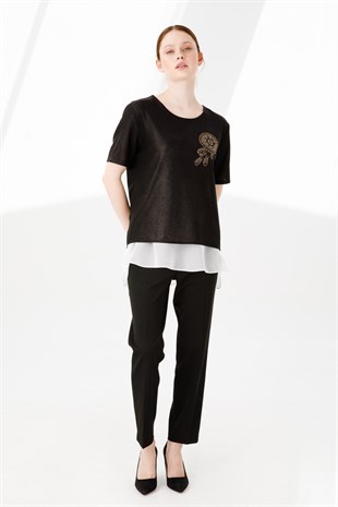 Womens Crew Neck Short Sleeve Chiffon Shiny Fabric Blouse Black