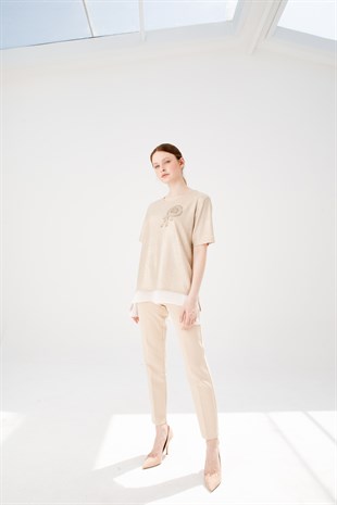 Womens Crew Neck Short Sleeve Chiffon Shiny Fabric Blouse Gold