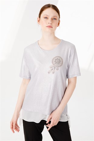 Womens Crew Neck Short Sleeve Chiffon Shiny Fabric Blouse Silver