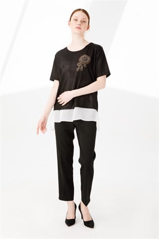 Womens Crew Neck Short Sleeve Chiffon Shiny Fabric Blouse Black