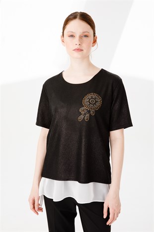 Womens Crew Neck Short Sleeve Chiffon Shiny Fabric Blouse Black