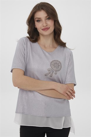 Womens Crew Neck Short Sleeve Chiffon Shiny Fabric Blouse Silver