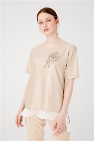 Womens Crew Neck Short Sleeve Chiffon Shiny Fabric Blouse Gold