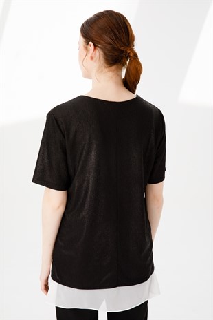 Womens Crew Neck Short Sleeve Chiffon Shiny Fabric Blouse Black