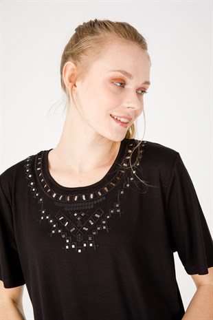 Женская блузка из хлопка с круглым вырезом и короткими рукавами с принтом, черная