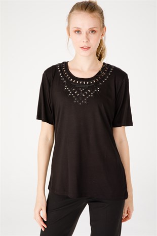 Женская блузка из хлопка с круглым вырезом и короткими рукавами с принтом, черная