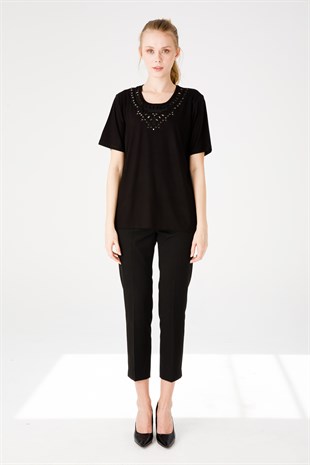 Женская блузка из хлопка с круглым вырезом и короткими рукавами с принтом, черная