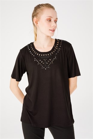 Женская блузка из хлопка с круглым вырезом и короткими рукавами с принтом, черная