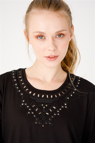 Женская блузка из хлопка с круглым вырезом и короткими рукавами с принтом, черная