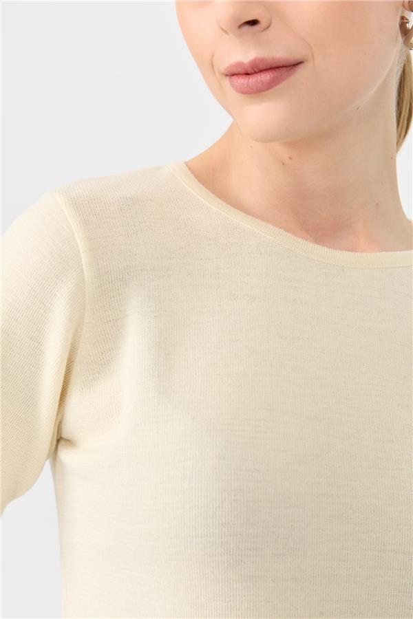 Kadın Sıfır Yaka Kısa Kollu Basic Yün Bluz Kemik