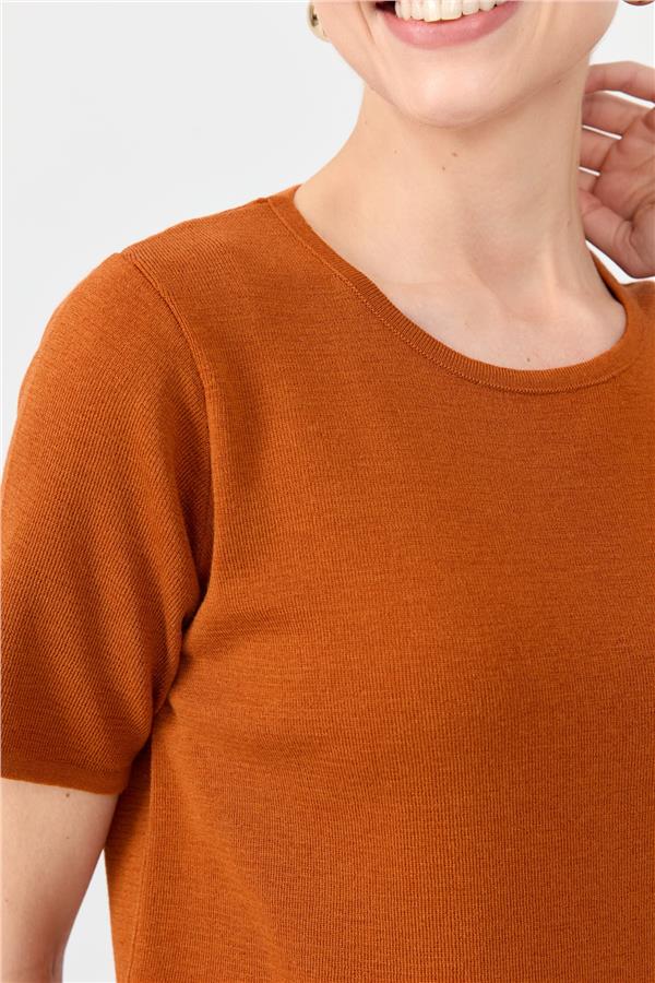 Kadın Sıfır Yaka Kısa Kollu Basic Yün Bluz A.Kiremit