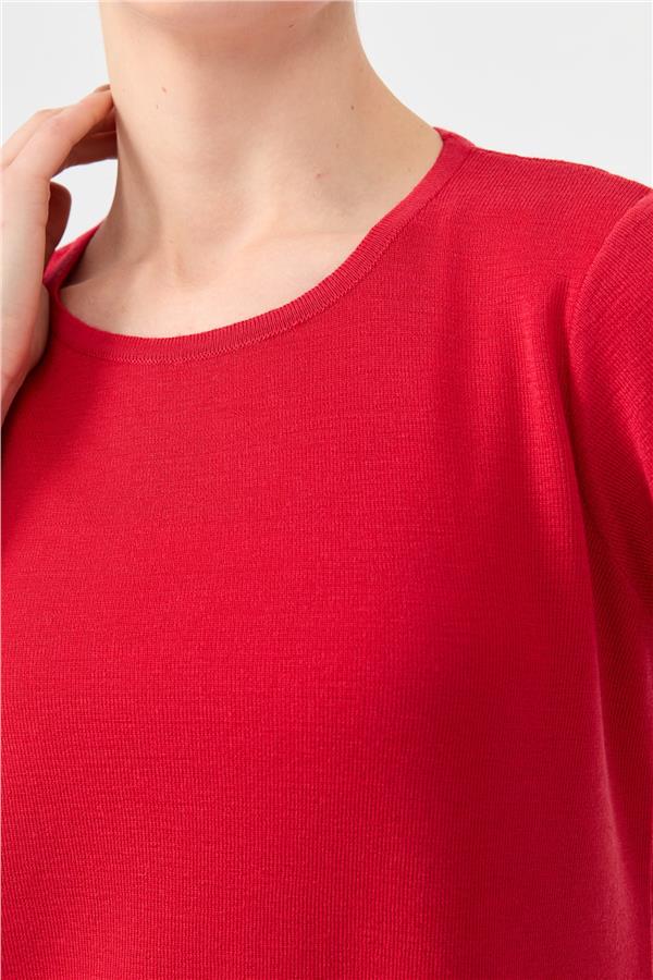 Kadın Sıfır Yaka Kısa Kollu Basic Yün Bluz A.Kırmızı