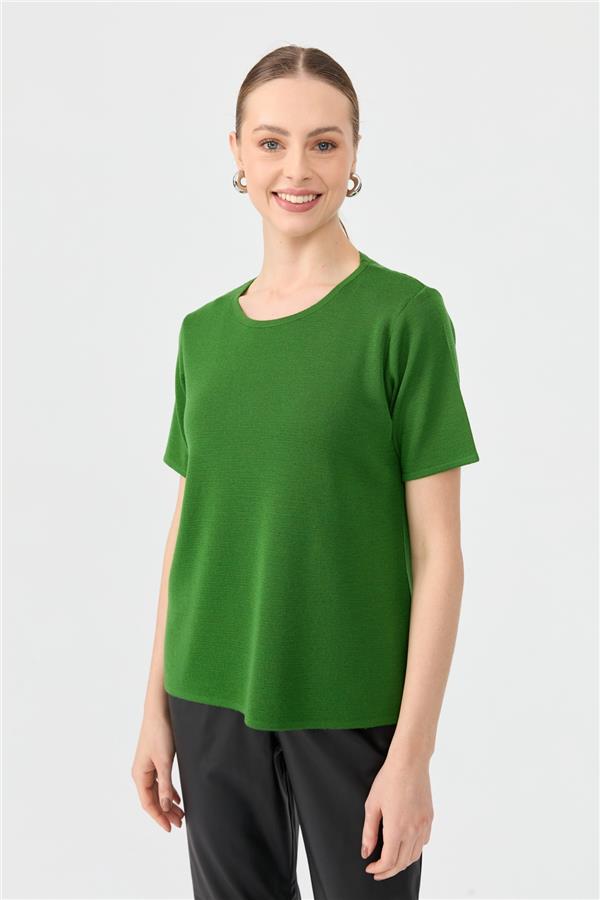 Kadın Sıfır Yaka Kısa Kollu Basic Yün Bluz K.Yosun