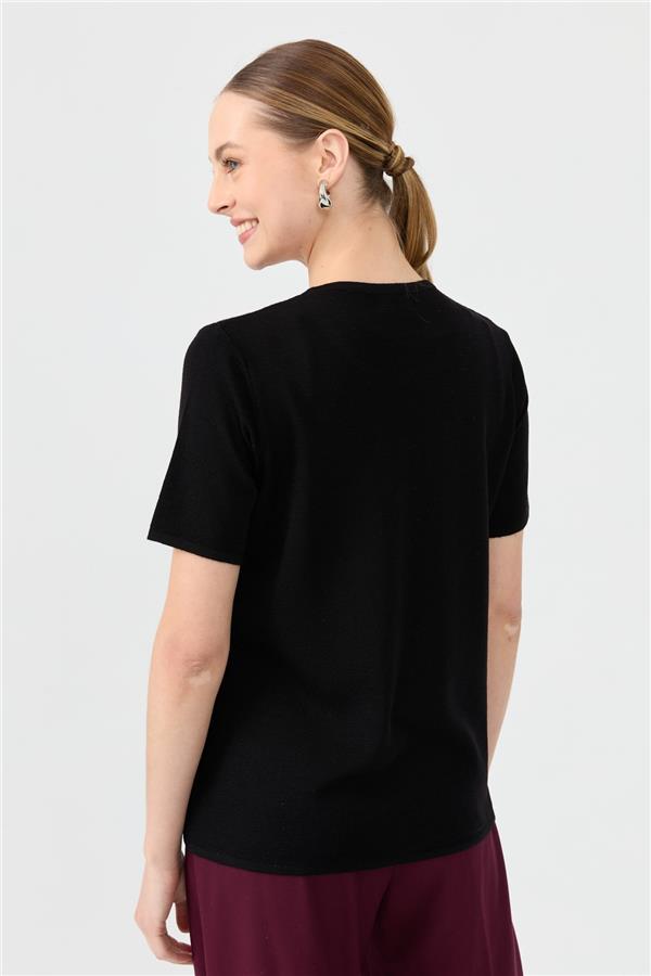 Kadın Sıfır Yaka Kısa Kollu Basic Yün Bluz Siyah