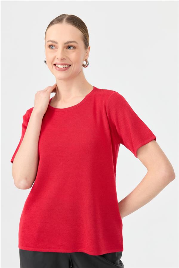 Kadın Sıfır Yaka Kısa Kollu Basic Yün Bluz A.Kırmızı