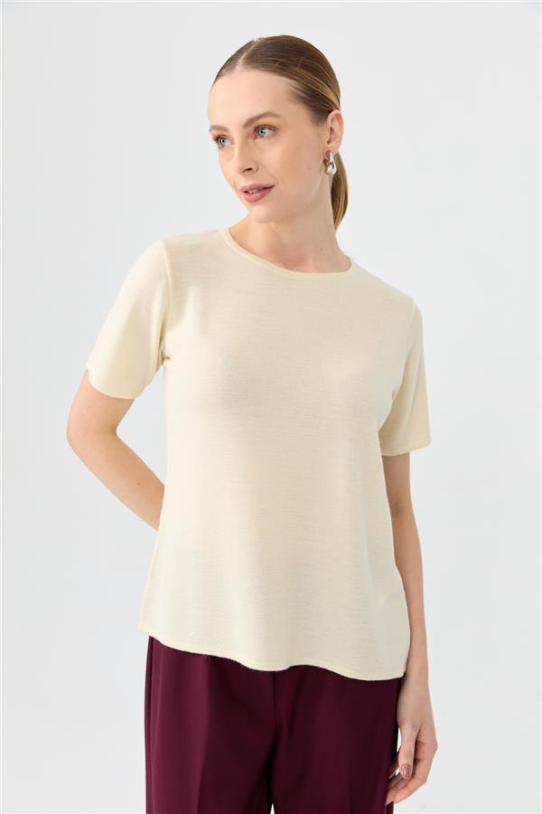 Kadın Sıfır Yaka Kısa Kollu Basic Yün Bluz Kemik
