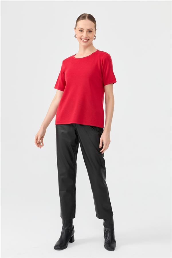 Kadın Sıfır Yaka Kısa Kollu Basic Yün Bluz A.Kırmızı