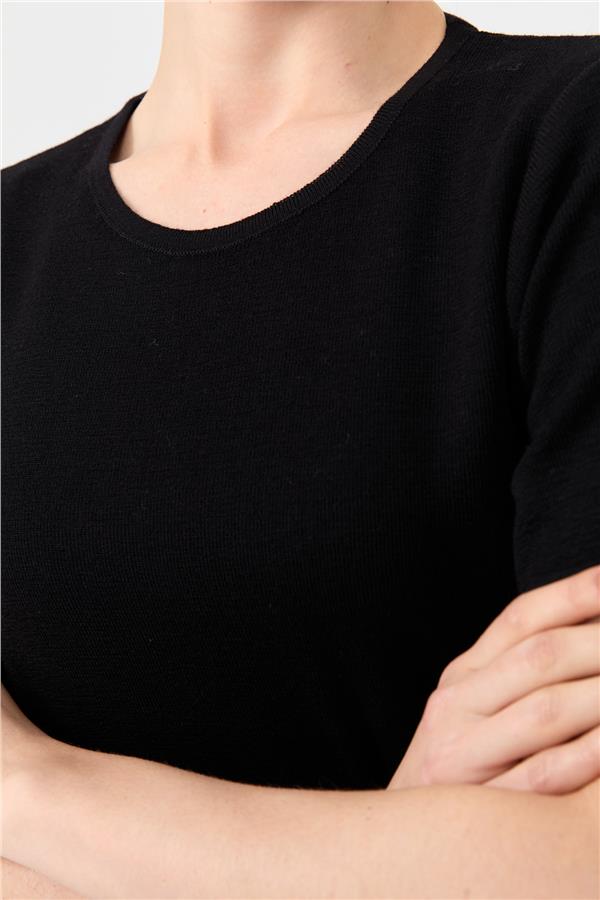Kadın Sıfır Yaka Kısa Kollu Basic Yün Bluz Siyah