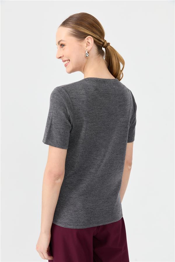 Kadın Sıfır Yaka Kısa Kollu Basic Yün Bluz A.Füme