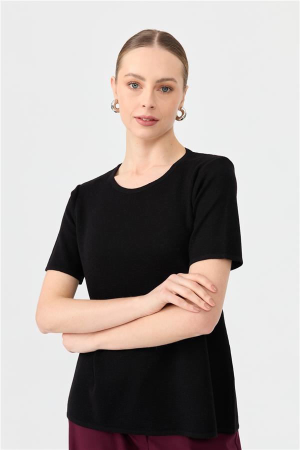 Kadın Sıfır Yaka Kısa Kollu Basic Yün Bluz Siyah