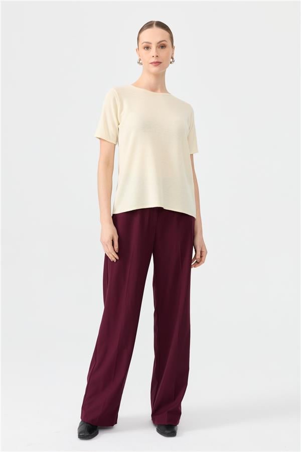 Kadın Sıfır Yaka Kısa Kollu Basic Yün Bluz Kemik