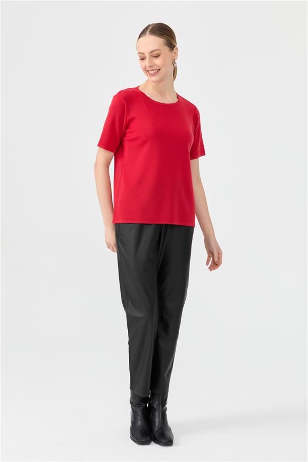 Kadın Sıfır Yaka Kısa Kollu Basic Yün Bluz A.Kırmızı