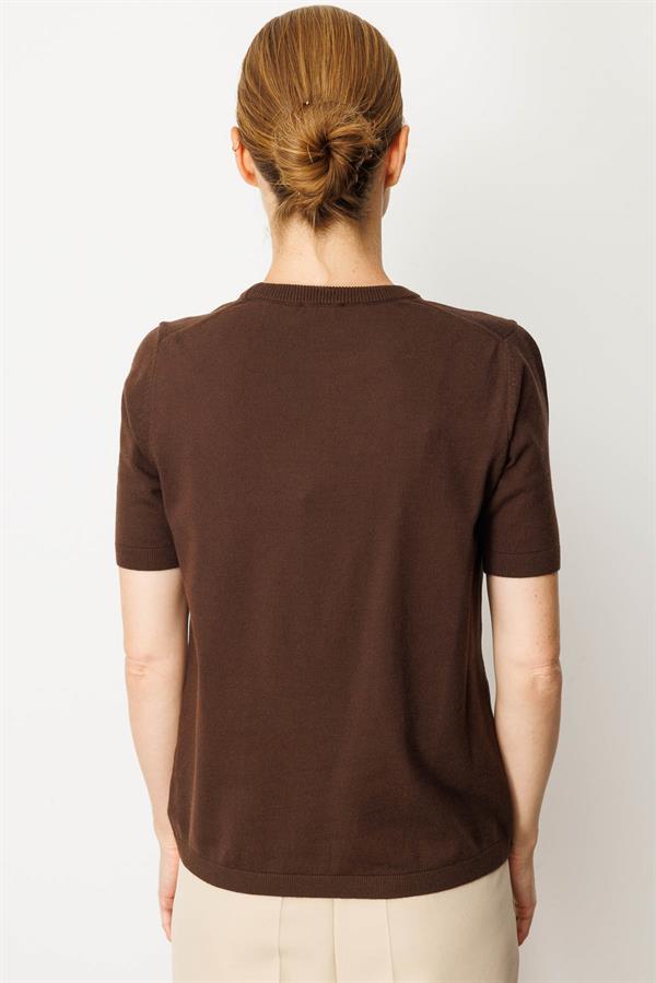 Kadın Sıfır Yaka Kısa Kollu Düz Bluz Kahve