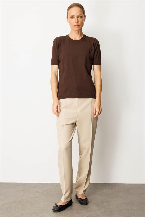 Kadın Sıfır Yaka Kısa Kollu Düz Bluz Kahve