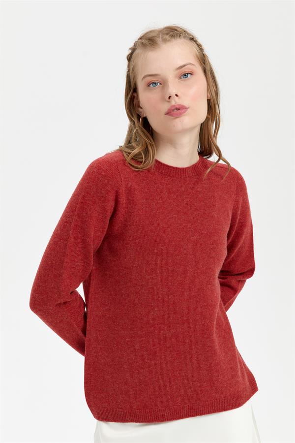 Kadın Sıfır Yaka Klasik Yün Kazak Kiremit