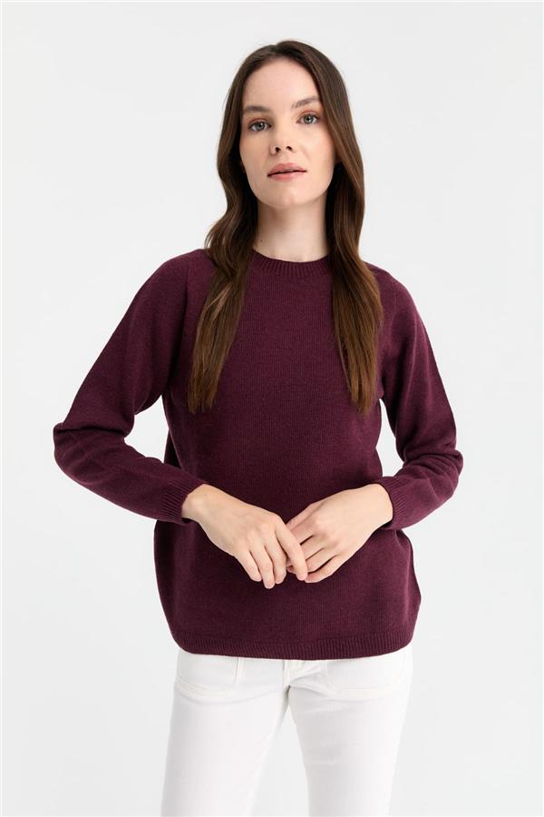 Kadın Sıfır Yaka Klasik Yün Kazak K.Mürdüm