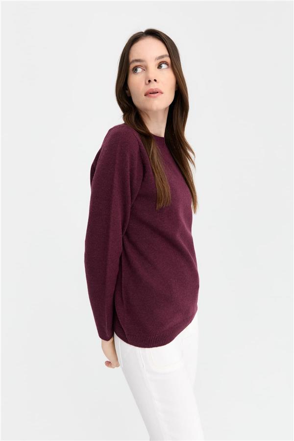 Kadın Sıfır Yaka Klasik Yün Kazak K.Mürdüm