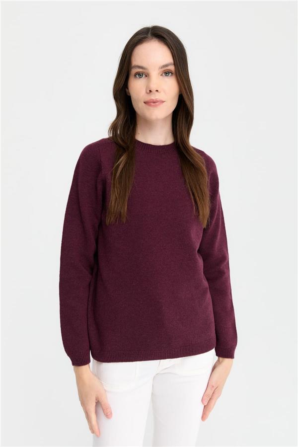 Kadın Sıfır Yaka Klasik Yün Kazak K.Mürdüm