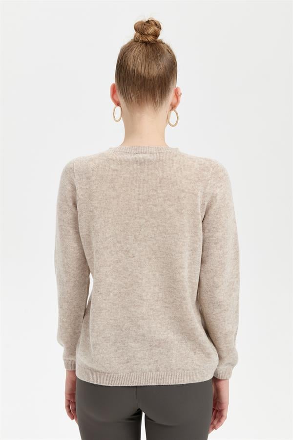 Kadın Sıfır Yaka Klasik Yün Kazak V.Bej