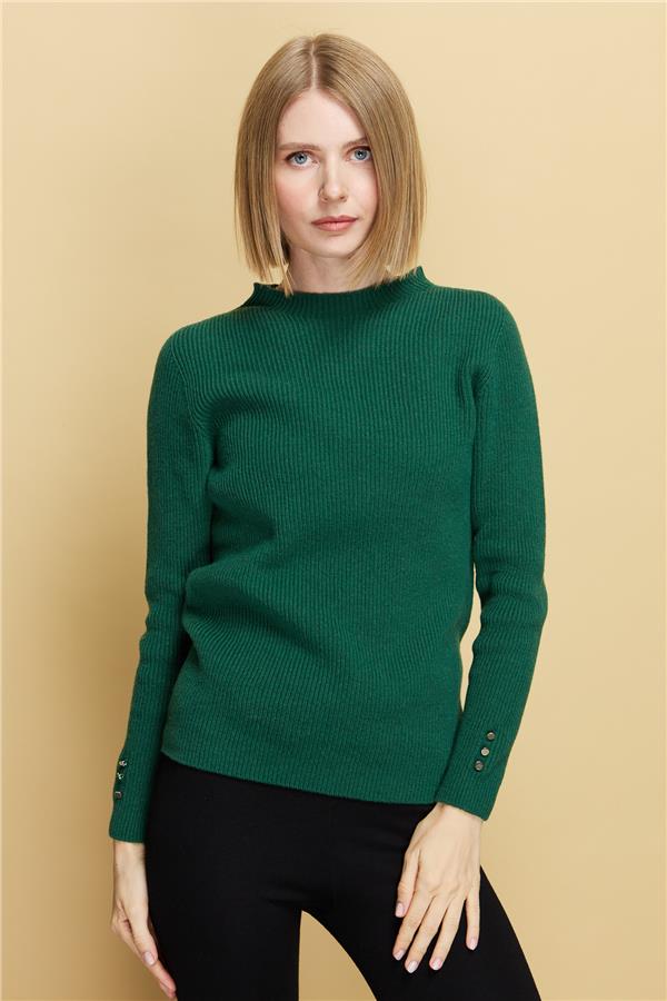 Kadın Sıfır Yaka Kol Ucu Düğmeli Yün Kazak A.Ö.Başı