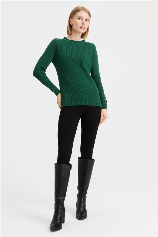 Kadın Sıfır Yaka Kol Ucu Düğmeli Yün Kazak A.Ö.Başı