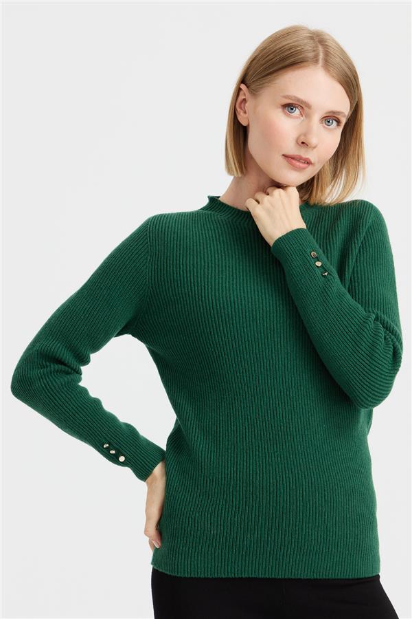 Kadın Sıfır Yaka Kol Ucu Düğmeli Yün Kazak A.Ö.Başı