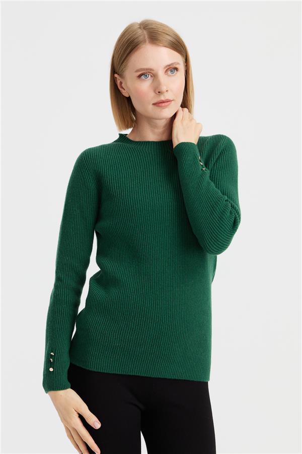 Kadın Sıfır Yaka Kol Ucu Düğmeli Yün Kazak A.Ö.Başı