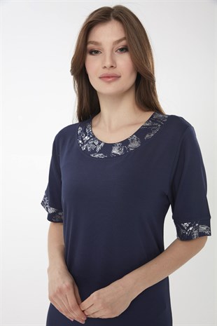 Женское платье из хлопка без рукавов и рисунком на воротнике темно синего цвета