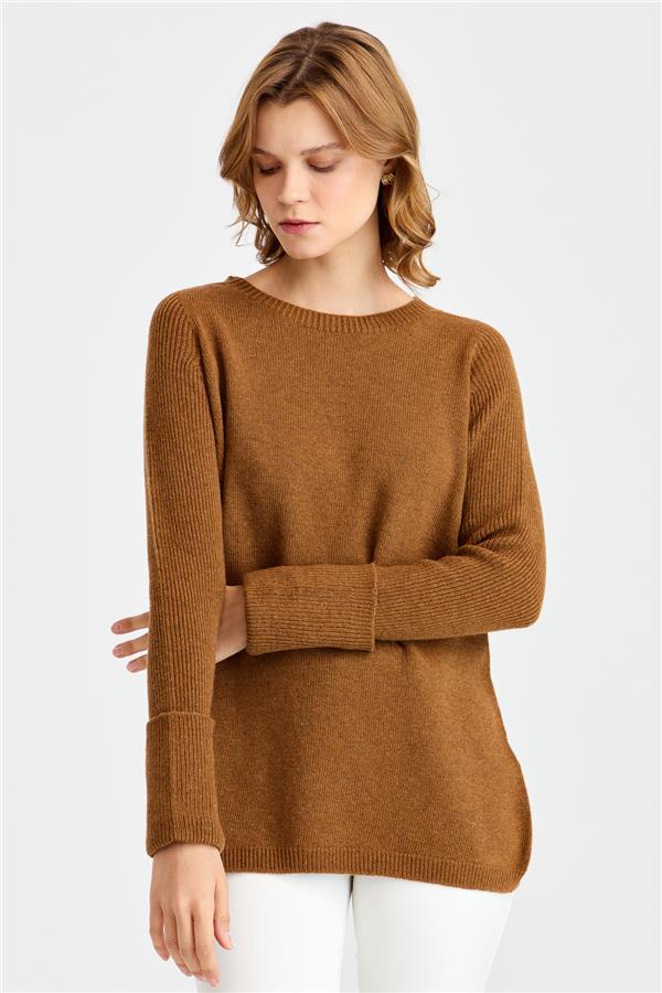 Womens Zero Collar Sleeves Slit Sweater K.Coffee
