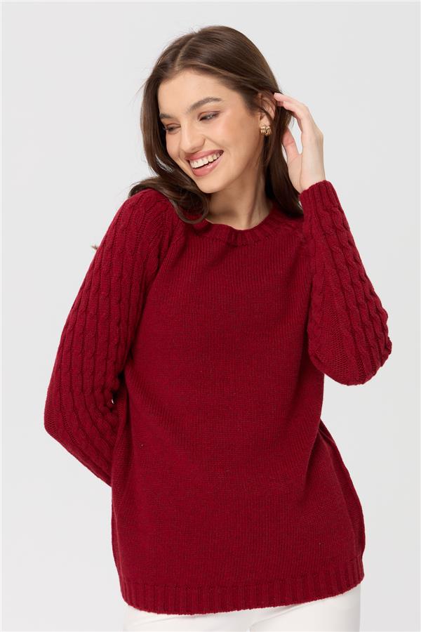 Женский вязаный шерстяной свитер с круглым вырезом и рукавами