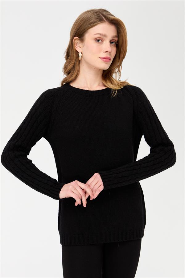 Женский вязаный шерстяной свитер с круглым вырезом и рукавами