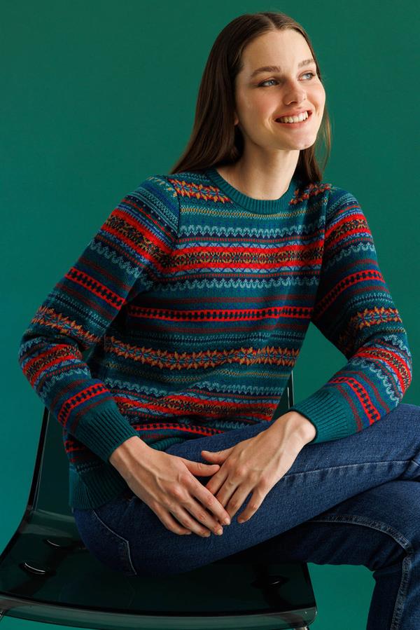 Kadın Sıfır Yaka Komple Jakarlı Yün Kazak K.Ö.başı