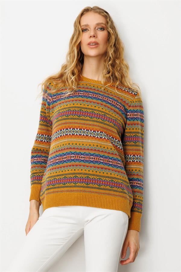 Kadın Sıfır Yaka Komple Jakarlı Yün Kazak Hardal