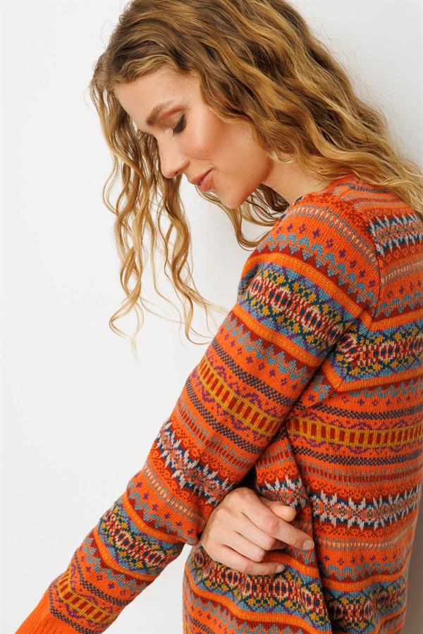 Kadın Sıfır Yaka Komple Jakarlı Yün Kazak Portakal