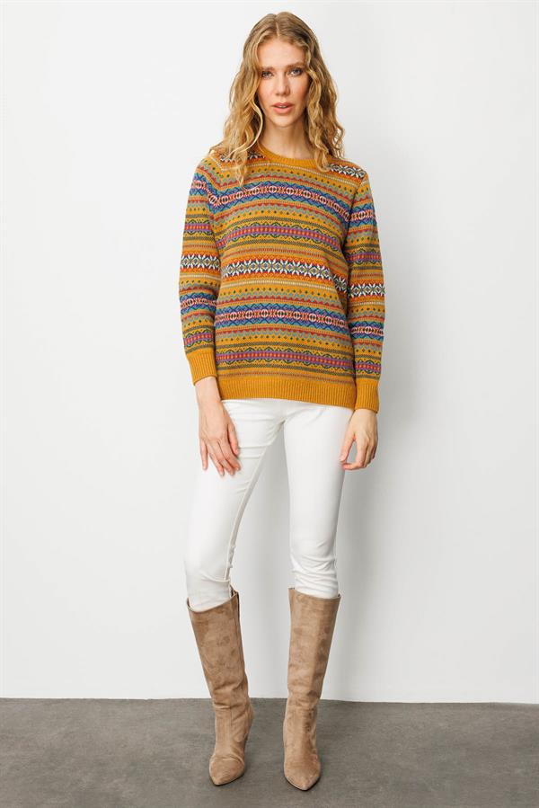 Kadın Sıfır Yaka Komple Jakarlı Yün Kazak Hardal