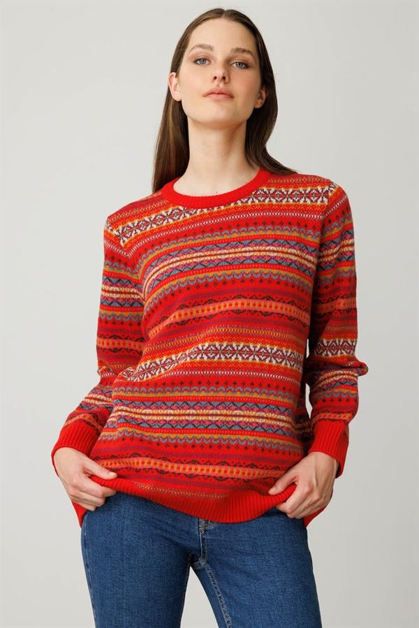 Kadın Sıfır Yaka Komple Jakarlı Yün Kazak Mercan